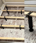 Set Of Four Heavy Duty Metal Bed Support Legs With Adjustable Height From 7 To 13 Inches supporting wooden slats in bed frame.