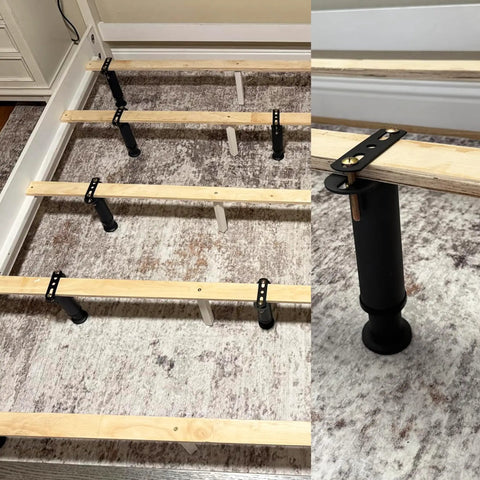 Set Of Four Heavy Duty Metal Bed Support Legs With Adjustable Height From 7 To 13 Inches supporting wooden slats in bed frame.