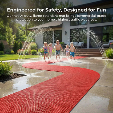 Game Changer Non Slip Drainage Flooring Rolls Custom Trim Down To Fit Pool Bathroom Garage Spa Warehouse Durable Water Resilient PVC Mats Thick Anti Fatigue Heavy Duty Commercial Grade Smooth Surface with kids running on it.