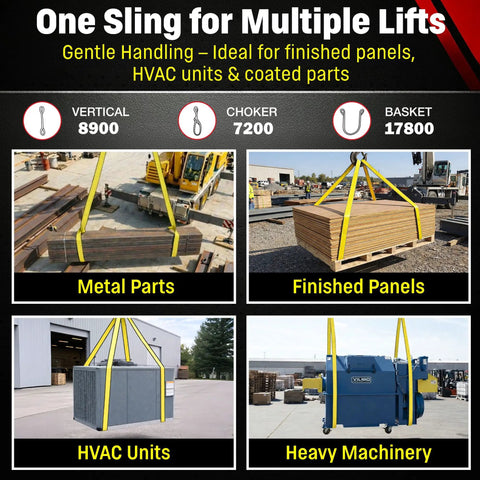 Heavy Duty 3X8 Foot Nylon Two Ply Eye And Eye Rigging Sling With Eight Nine Hundred Pound Vertical Capacity Built Tough Right Here In Usa For That Daily Site Grind lifting metal parts.