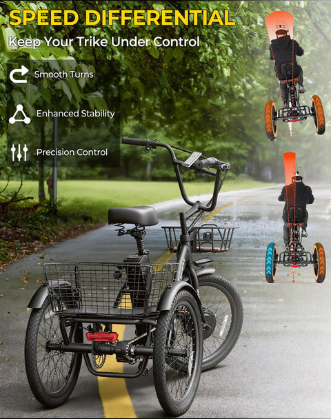 Powerful 1000W Peak Electric Trike For Adults Folding 20-Inch Three-Wheel E-Trike With Step-Through Frame Removable 624Wh Battery Large Basket Black Cruiser Pro For City Streets And Light Trails shown with speed differential diagram and front basket