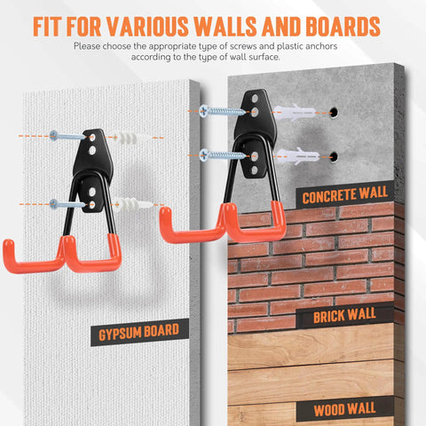 Kickass Heavy Duty Garage Storage Hooks 20 Piece Wall Organization Kit for various wall types with installation examples.