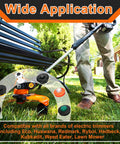 Man using gas trimmer with orange commercial grade cord, showing compatible with various brands and wide application use.