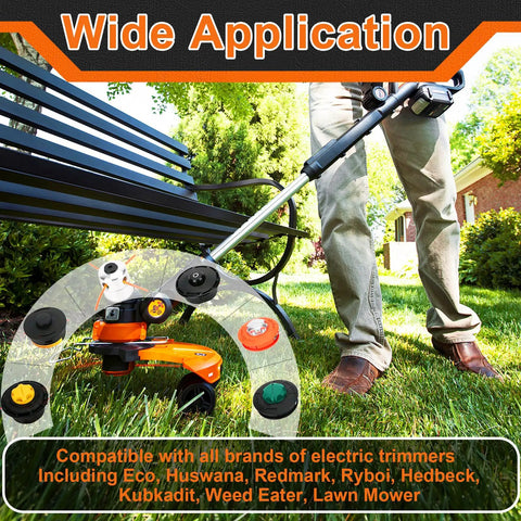 Man using gas trimmer with orange commercial grade cord, showing compatible with various brands and wide application use.
