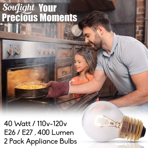 40 Watt Oven Light Bulbs 2 Pack For Oven Stove Refrigerator Microwave Incandescent High Temp 570F Capable Warm White 400 Lumens G45 Base E26 E27 Socket Replacement Bulbs with man and child baking