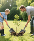 Man and boy using Heavy Duty Spade Shovel For Digging 56 Inch Garden Shovel With Round Blade And D Handle Fiberglass Handle