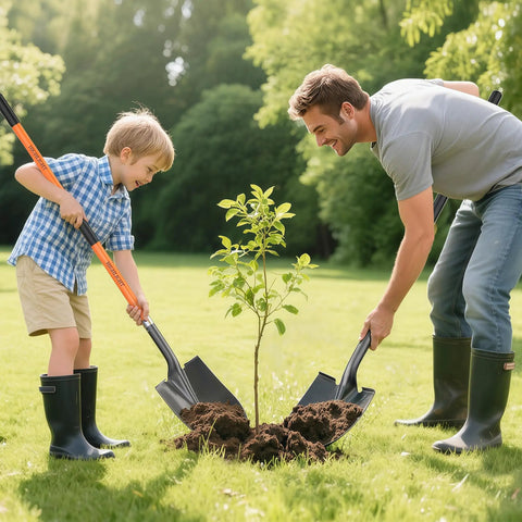 Man and boy using Heavy Duty Spade Shovel For Digging 56 Inch Garden Shovel With Round Blade And D Handle Fiberglass Handle