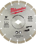 9 Inch Diamond Premium Segmented Masonry And Concrete Cutting Blade For Tough As Nails Jobs Durable Core Delivers Fast Clean Cuts Through Brick Block Concrete And Stone featuring Milwaukee branding.
