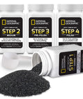 National Geographic rock tumbler grit and polish refill kit with three bottles and Step 1 coarse jar.