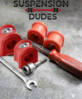 Rear Sway Bar Links With Code Red Bushings Made In USA For SUV And Truck Beefed Up Ride Fits Cadillac Escalade Chevrolet Suburban Tahoe GMC Yukon Jeep Wrangler Durable Performance Upgrade For Quieter Turning And Tight Handling; red bushings and tools