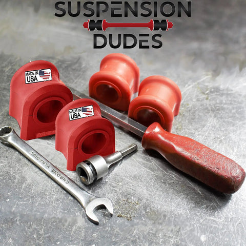 Rear Sway Bar Links With Code Red Bushings Made In USA For SUV And Truck Beefed Up Ride Fits Cadillac Escalade Chevrolet Suburban Tahoe GMC Yukon Jeep Wrangler Durable Performance Upgrade For Quieter Turning And Tight Handling; red bushings and tools