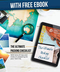Tablet displaying 'The Ultimate Packing Checklist' ebook with world map, magnifying glass, and travel photos on table.