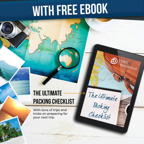 Tablet displaying 'The Ultimate Packing Checklist' ebook with world map, magnifying glass, and travel photos on table.