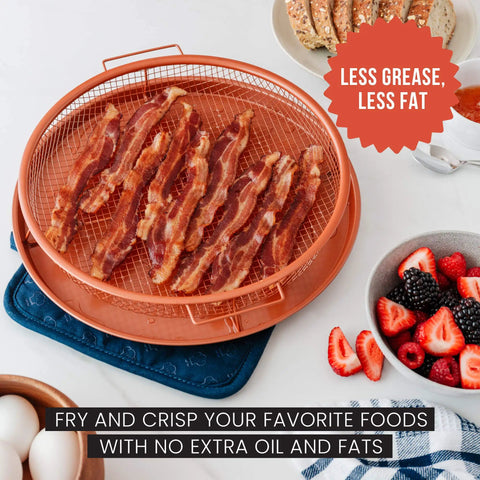 Copper crisper basket and tray set for oven and air fryer with cooked bacon, mesh design for 360 degree airflow, oil-free cooking pan.