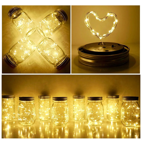 Solar Mason Jar Lid Lights 8 Pack With 20 LEDs, Lit Fairy Star Firefly String Lights displayed in jars and heart shape.