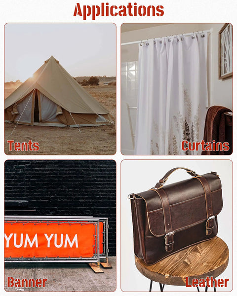 DIY Grommet Kit With 3/8 Inch Metal Grommets, applications in tents, curtains, banners, and leather bags.
