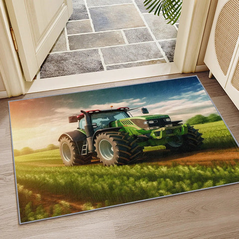 Farmhouse Tractor Pattern Area Rug 8x10 Non Slip Low Pile Machine Washable for Living Room Dining Room Kitchen Farm Equipment Inspired Carpet