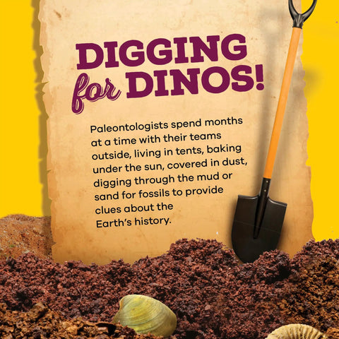 Hands-On Fossil Dig Kit For Kids Aged 8 To 12, Uncover 12 Real Fossils With An Illustrated Guide, A STEM Science Adventure For Boys And Girls, Easy To Use At Home, Educational, Engaging And Totally Fun. Digging for dinos poster with shovel and fossil shells in soil