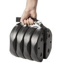 Hand holding Set Of Four 40 Pound Canopy Weights With Carry Strap Heavy Duty No Pinch Design for Easy Installation at Outdoor Events