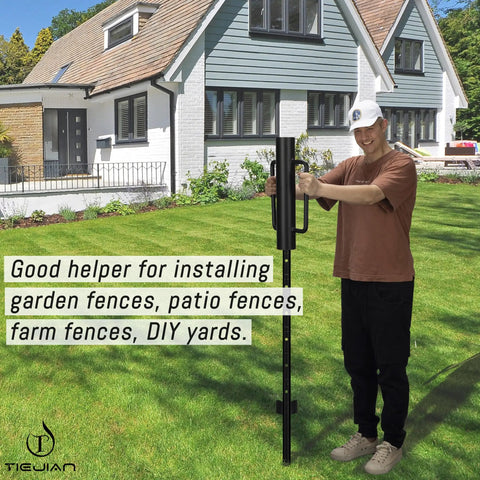 Person using Heavy Duty Fence Post Driver With Ergonomic Handle 12 Lb Post Pounder Rammer For Wooden Posts U Channels And Fence Posts.