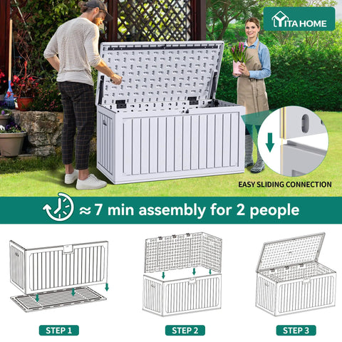 90 Gallon Outdoor Deck Box With Double Wall Resin Construction Weatherproof Storage Chest assembled with two people