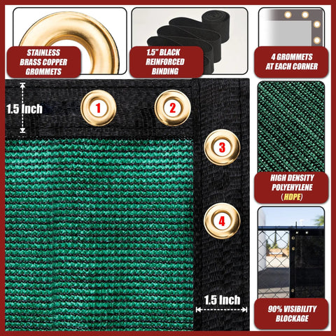 Five Foot By Fifty Foot Poolside Privacy Screen For Fences Heavy Duty Windscreen With Bindings And Grommets Delivers Ninety Percent Blockage While Letting Breezes Through A Breathable Mesh Includes Cable Zip Ties And Is Available In Custom Sizes, showing brass grommets and binding details.