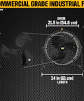 Beast Mode Heavy Duty Industrial High Velocity 18 Inch Drum Fan With 3,400 CFM shown with size dimensions on black background