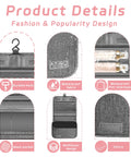 Product details of compact hanging toiletry bag with hook, waterproof fabric, mesh pocket, and multilayer design in gray.
