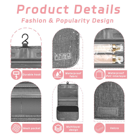 Product details of compact hanging toiletry bag with hook, waterproof fabric, mesh pocket, and multilayer design in gray.