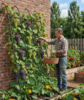 Man harvesting grapes from 8.8 Foot Leanto Garden Trellis No Drill Design That Leans Against Walls For Climbing Plants PE Coated Galvanized Steel.