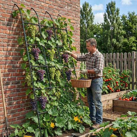 Man harvesting grapes from 8.8 Foot Leanto Garden Trellis No Drill Design That Leans Against Walls For Climbing Plants PE Coated Galvanized Steel.