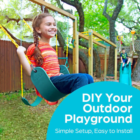 Child on green backyard swing set with slide, trees in background, DIY playground setup kit displayed for easy assembly.