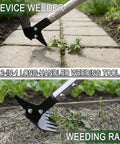 61 Inch Adjustable Weed Puller With Detachable Head, 2-In-1 Weed Rake And Crack Weeder in use on sidewalk and garden