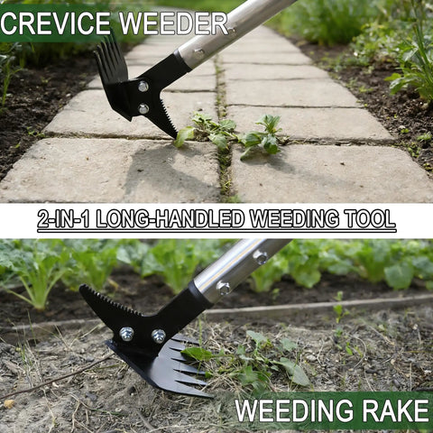 61 Inch Adjustable Weed Puller With Detachable Head, 2-In-1 Weed Rake And Crack Weeder in use on sidewalk and garden