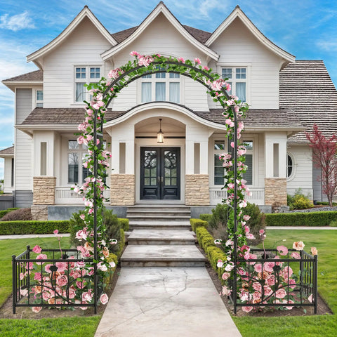 Garden Arbor With Planter Boxes 76 Inch Wide By 86 Inch High Black Metal Archway For Climbing Plants at a house entrance