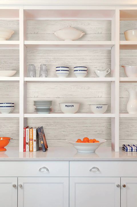 White kitchen shelves with Shiplap Peel And Stick Wallpaper White And Off White Removable Easy DIY Wall Decor For Rentals