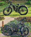 6000W Peak Dual Motor Fat Tire Electric Bike for Adults with 52V 32Ah battery and 26-inch tires, blue and black, side view