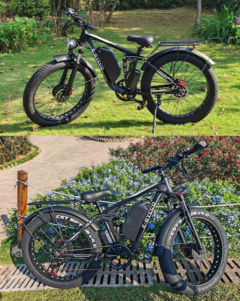 6000W Peak Dual Motor Fat Tire Electric Bike for Adults with 52V 32Ah battery and 26-inch tires, blue and black, side view