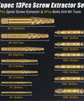 Premium 13 Piece Screw Extractor Set For Damaged Stripped Screws With HSS 6542 Titanium Gold Coated Bits Two In One Easy Out Kit