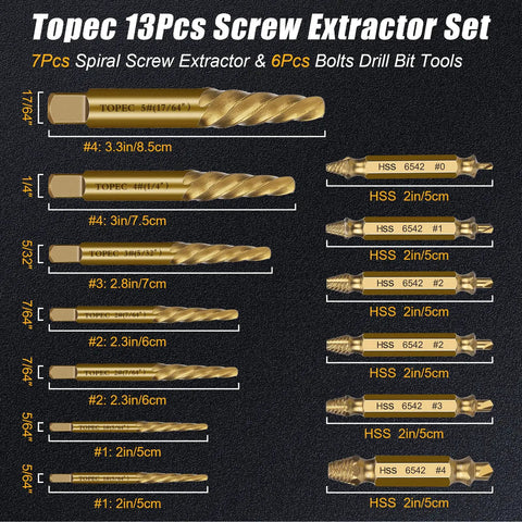 Premium 13 Piece Screw Extractor Set For Damaged Stripped Screws With HSS 6542 Titanium Gold Coated Bits Two In One Easy Out Kit