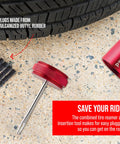 Tubeless Bike Tire Repair Kit For MTB And Road Bikes With red reamer tool and rubberized rope plugs near tire