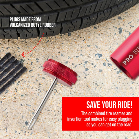 Tubeless Bike Tire Repair Kit For MTB And Road Bikes With red reamer tool and rubberized rope plugs near tire