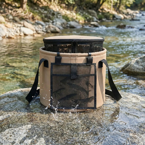 5 Gallon Collapsible Water Bucket With Handle Waterproof PVC Mesh Foldable Outdoor Container For Fishing Camping Hiking Travel And Gear For Go To Gear Heads Portable Foldable Design With Reinforced Handle Leakproof Seams And Easy Cleaning on a rock by a river