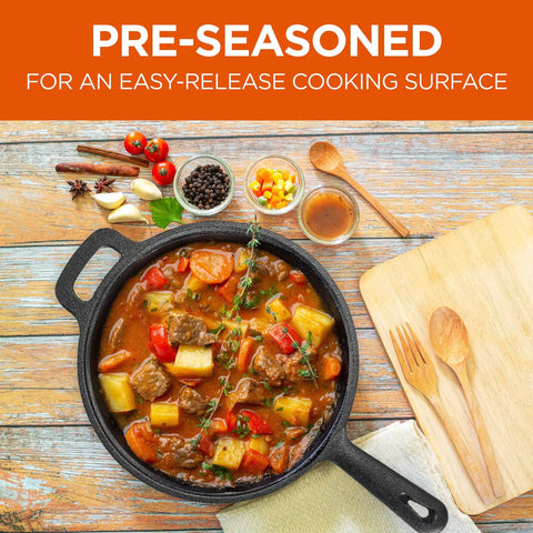 2 Qt Preseasoned Cast Iron Saucepan with Lid and Built In Handles Induction Ready for Campfire Cooking filled with stew
