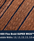 Close-up of desoldering braid, fine copper wick strands, various widths, detailed texture.