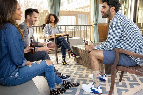 Group enjoying on porch wearing The Great Outdoors Balloon Festival Crew Socks For Women Cozy Cotton Blend With Hot Air Balloon Design