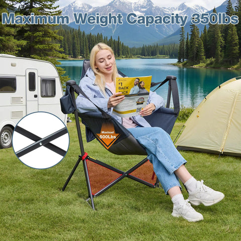 Woman sitting in Hammock Camping Chair With Adjustable Backrest And Pillow Cup Holder, Heavy Duty 350 Lbs Oversized Swinging Chair outdoors