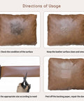 Instructions showing the application of self adhesive leather repair tape 4x63 inches for damaged leather furniture in black.