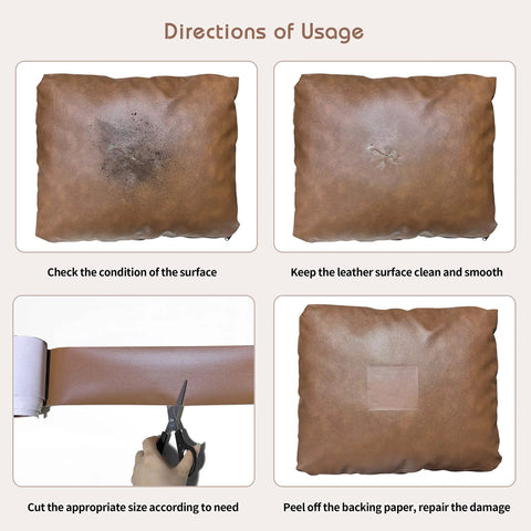 Instructions showing the application of self adhesive leather repair tape 4x63 inches for damaged leather furniture in black.