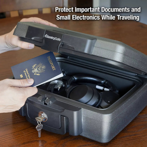 Image of Fireproof And Waterproof Portable Safe Lock Box With Key Lock And Carrying Handle For Money Passport And Valuables Exterior Size 14.3 In W 13 In D 6.1 In H Travel Ready, showing an open safe with a passport and headphones inside.